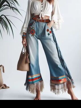 Boho Embroidered Wide-Leg Fringe Jeans